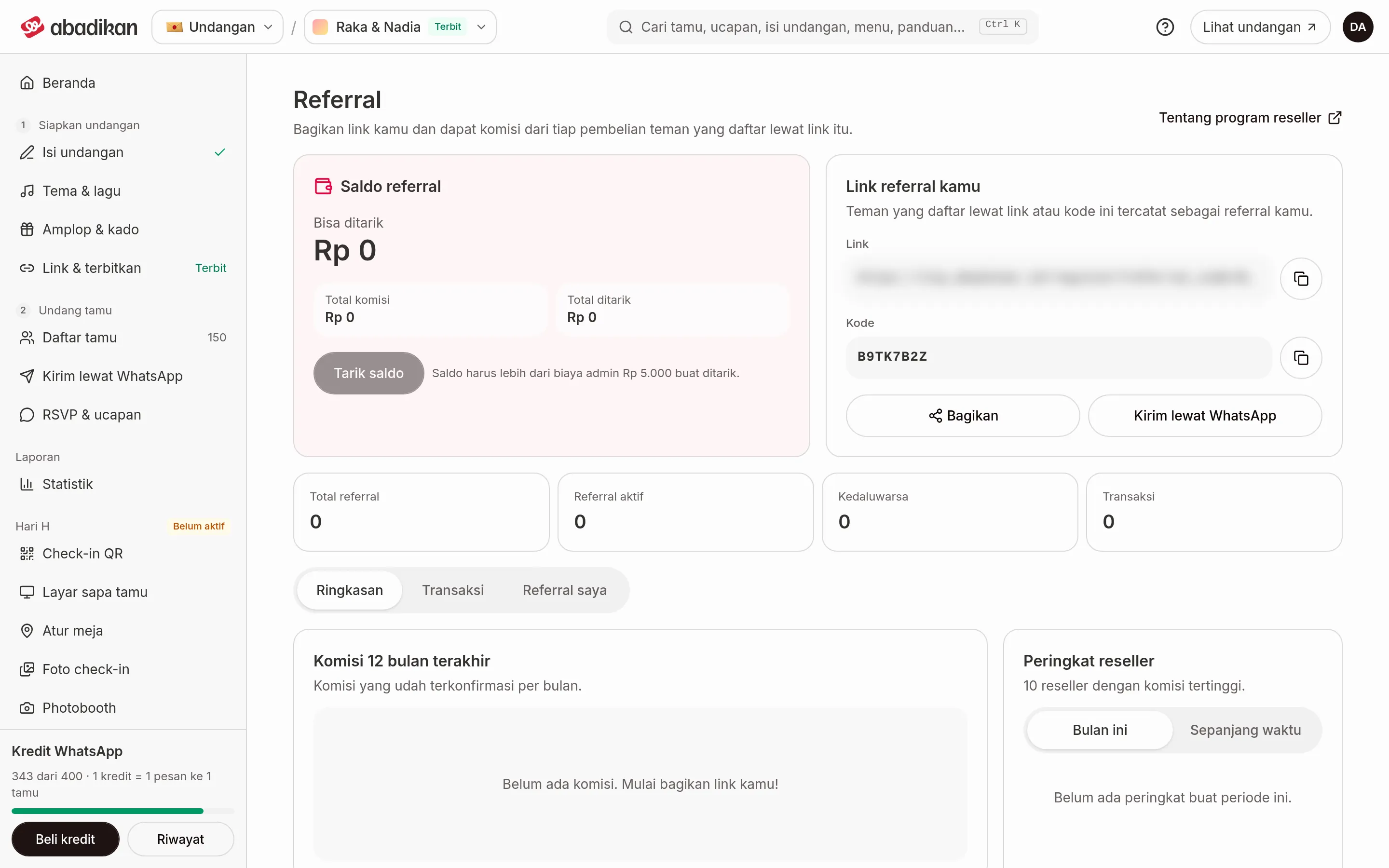 Halaman Referral dengan kartu Saldo referral, kartu Link referral kamu berisi link (sengaja dikaburkan) dan kode, empat angka ringkas, serta tab Ringkasan, Transaksi, dan Referral saya