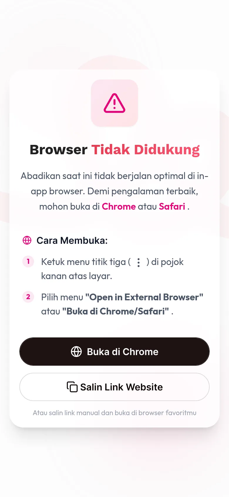 Layar Browser Tidak Didukung dengan langkah Cara Membuka, tombol Buka di Chrome, dan tombol Salin Link Website