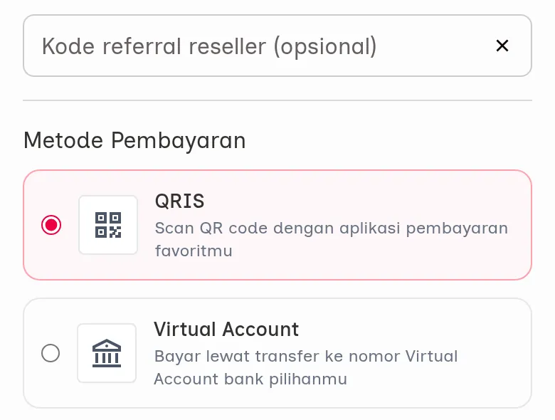 Kolom Kode referral reseller (opsional) dan pilihan Metode Pembayaran QRIS atau Virtual Account di halaman detail tema