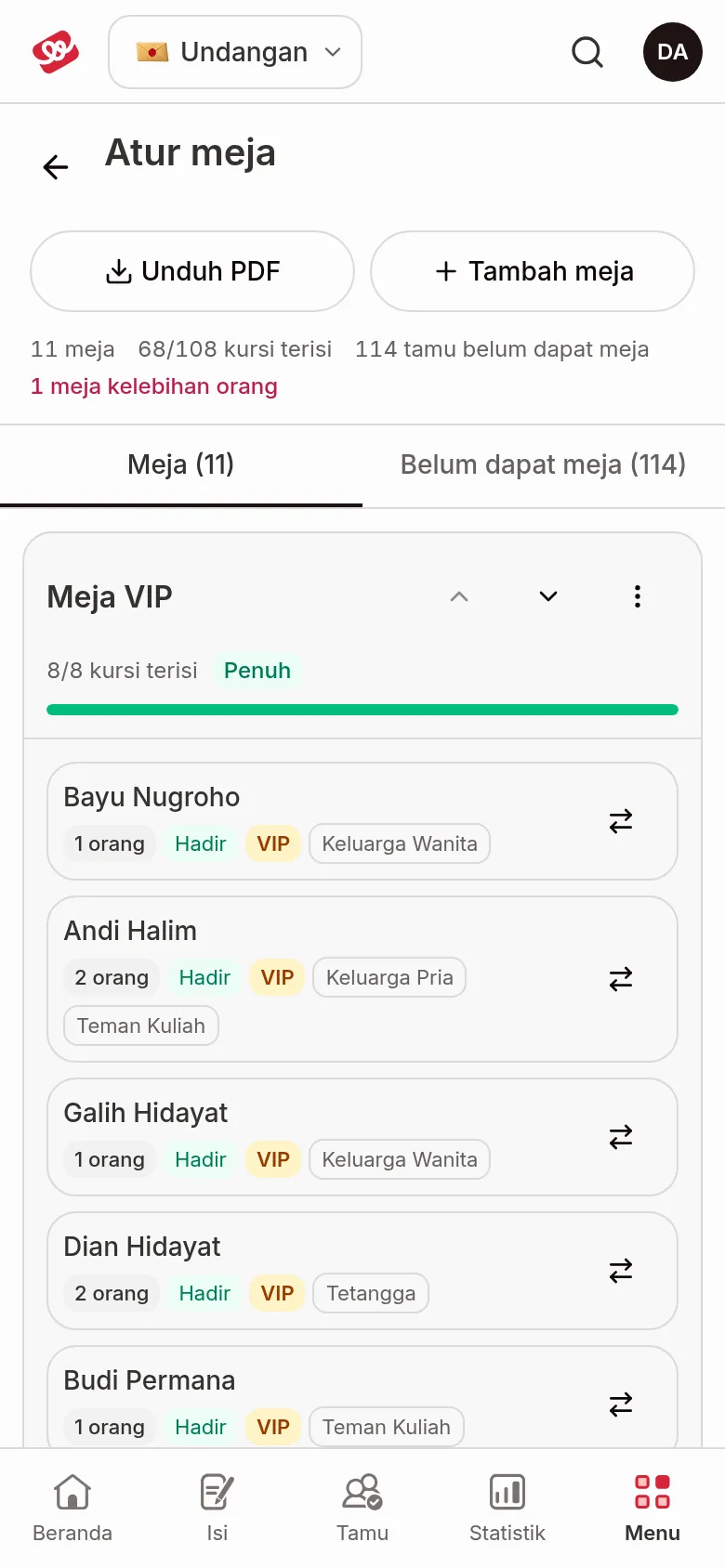 Atur meja di HP: tombol Unduh PDF dan Tambah meja, dua tab Meja dan Belum dapat meja, dan kartu Meja VIP berisi tamu