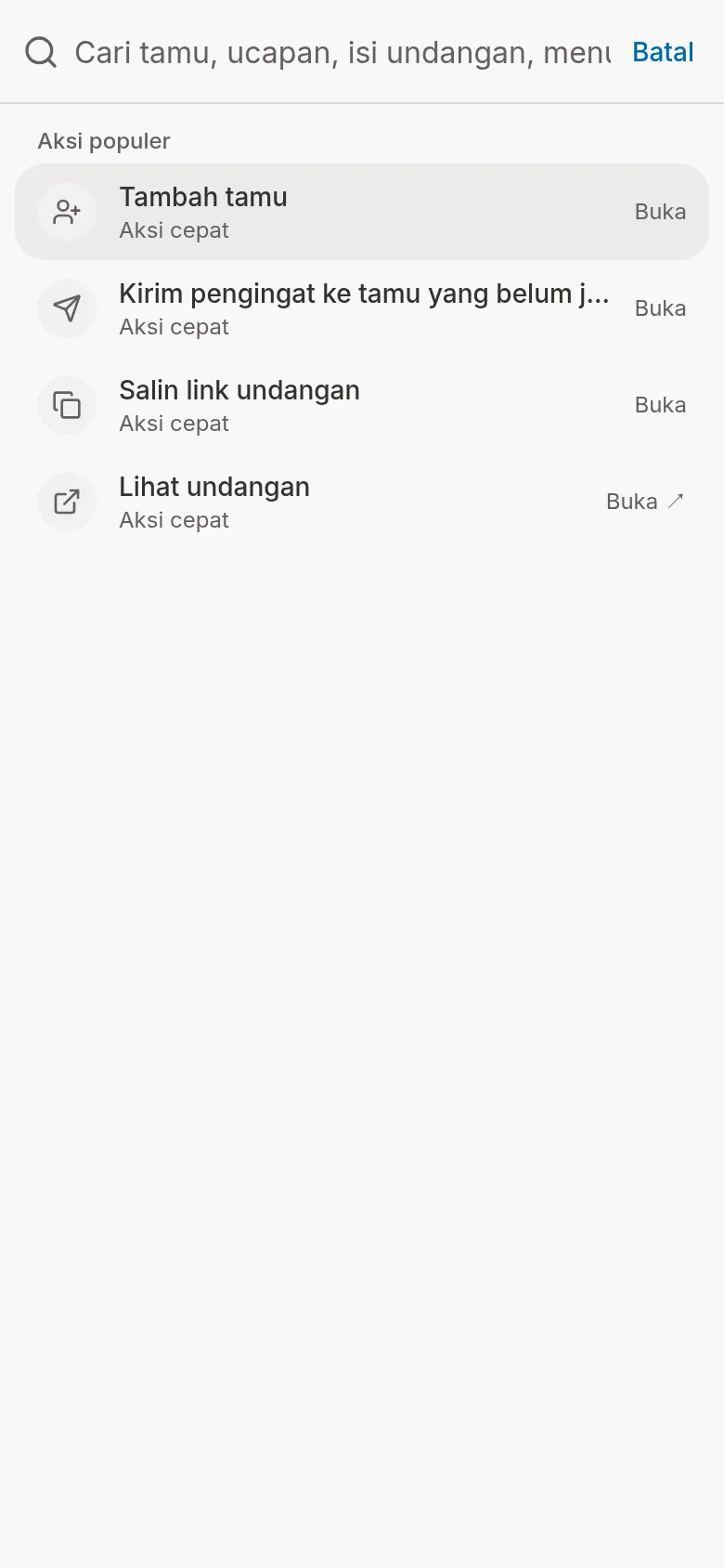 Cari layar penuh di HP dengan kolom pencarian, tombol Batal, dan daftar Aksi populer: Tambah tamu, Kirim pengingat ke tamu yang belum jawab, Salin link undangan, dan Lihat undangan