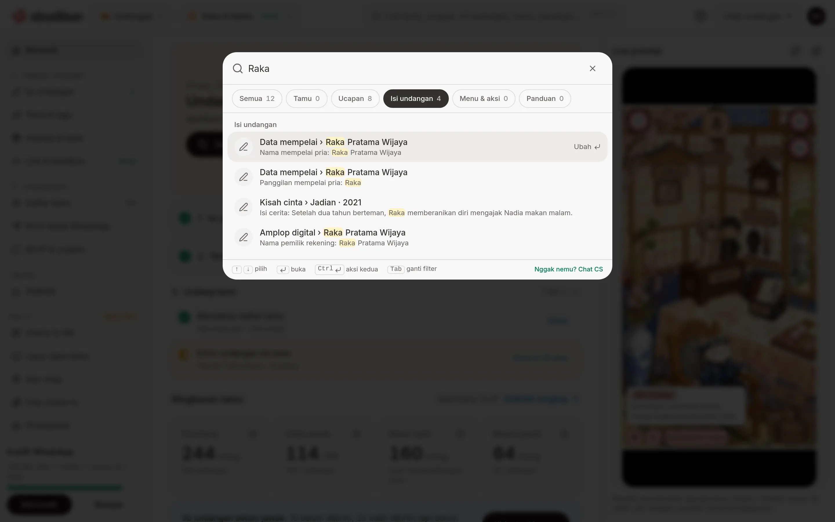 Jendela Cari berisi kata Raka dengan filter Isi undangan terpilih, serta empat hasil di Isi undangan dengan tombol Ubah