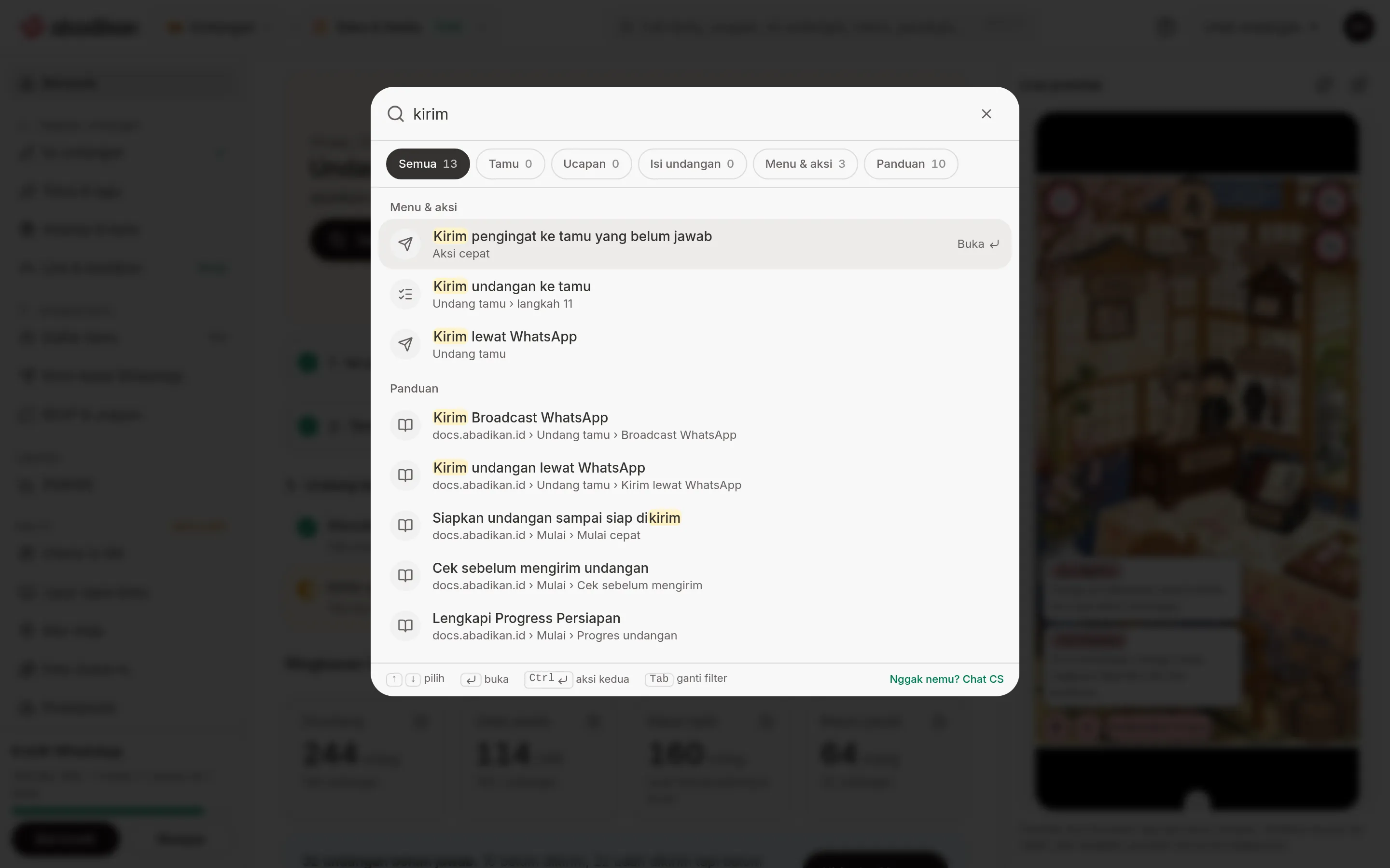Jendela Cari berisi kata kirim dengan filter Semua, Tamu, Ucapan, Isi undangan, Menu &amp; aksi, dan Panduan, serta hasil Menu &amp; aksi dan Panduan dengan kata kirim tersorot
