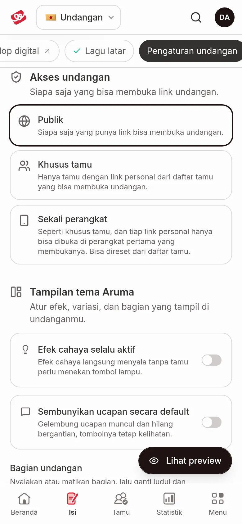 Bagian Akses undangan dengan tiga pilihan: Publik, Khusus tamu, dan Sekali perangkat