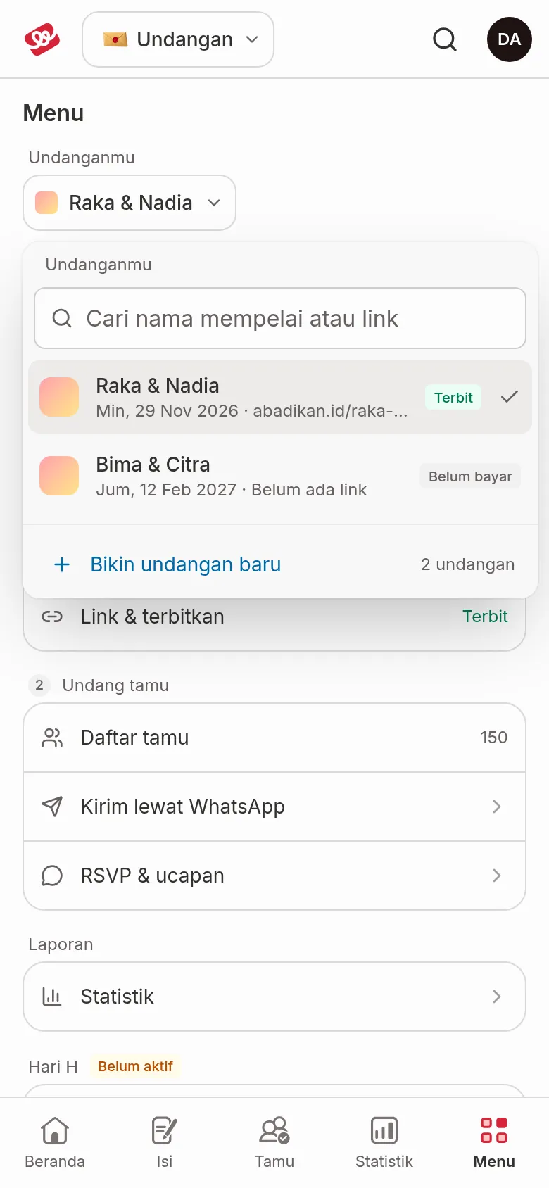 Daftar Undanganmu di HP dengan kolom Cari nama mempelai atau link, undangan Raka &amp; Nadia berstatus Terbit dan Bima &amp; Citra berstatus Belum bayar, serta tombol Bikin undangan baru