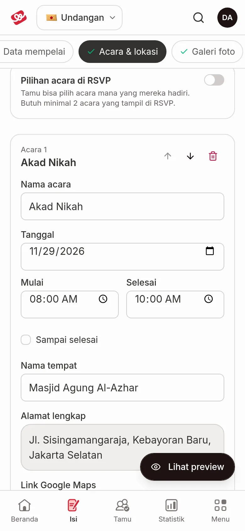 Kartu Acara 1 berisi Nama acara, Tanggal, Mulai, Selesai dengan centang Sampai selesai, Nama tempat, Alamat lengkap, dan Link Google Maps