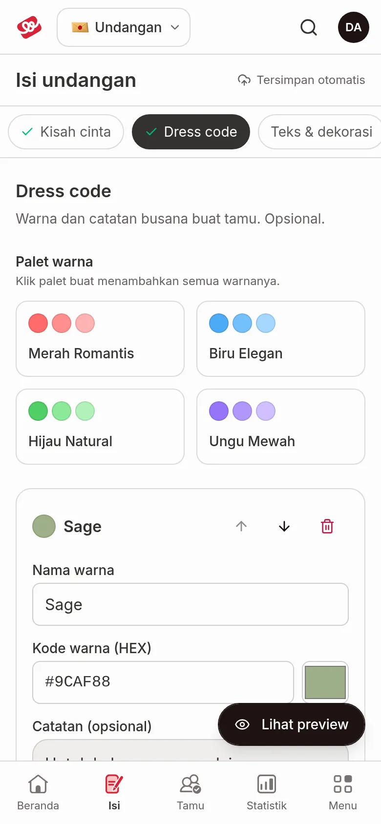 Palet warna di atas kartu warna Sage berisi Nama warna, Kode warna (HEX) dengan kotak pemilih warna, dan Catatan (opsional)