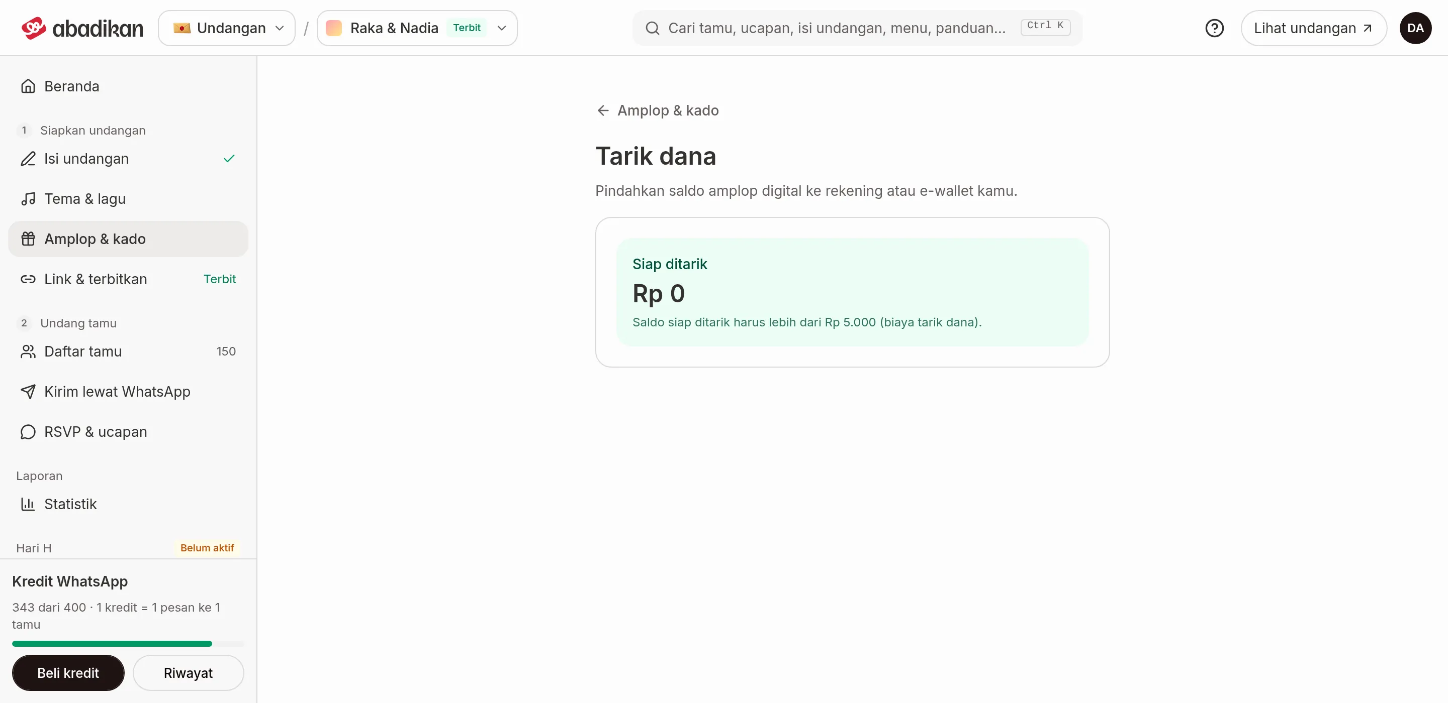 Halaman Tarik dana dengan kartu Siap ditarik Rp 0 dan keterangan saldo harus lebih dari Rp 5.000