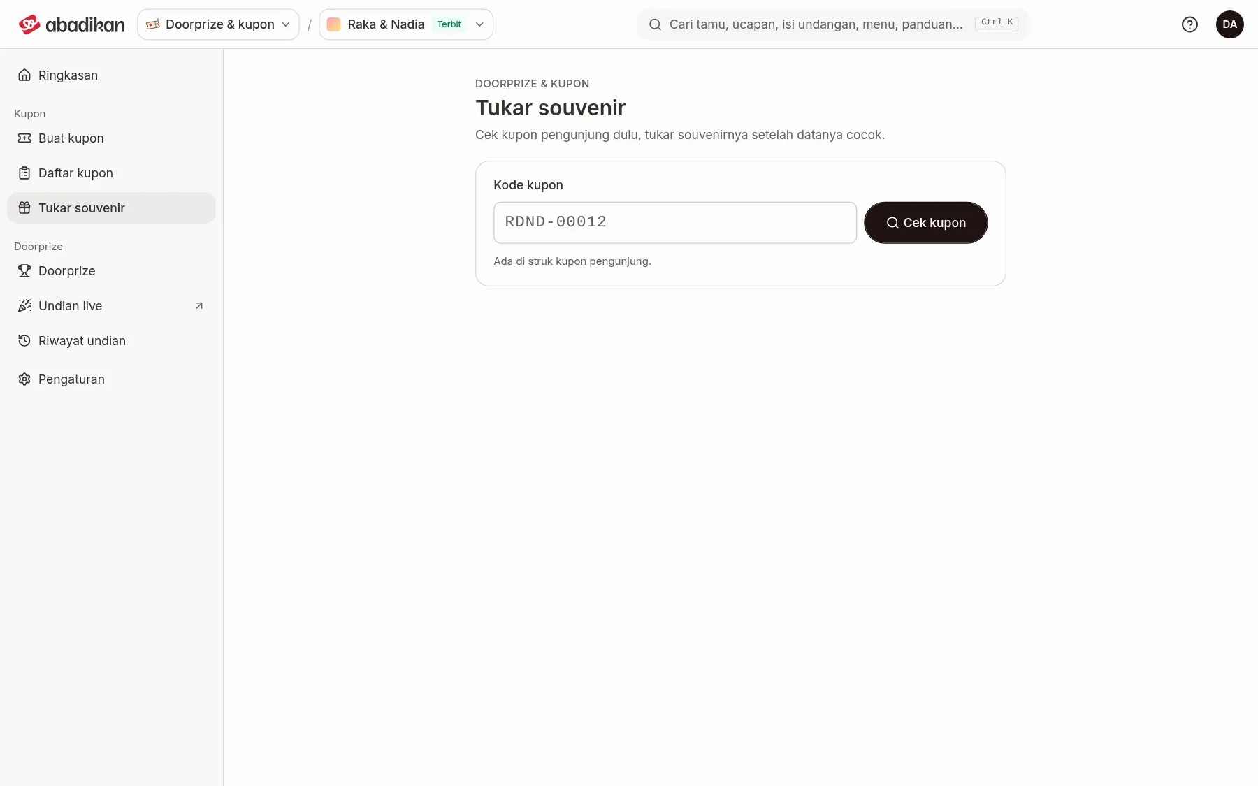Halaman Tukar souvenir berisi kolom Kode kupon dan tombol Cek kupon