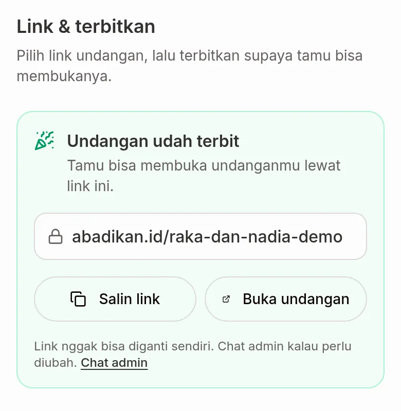 Bagian Link &amp; terbitkan setelah undangan terbit: kartu Undangan udah terbit, link terkunci, tombol Salin link dan Buka undangan, serta catatan link tidak bisa diganti