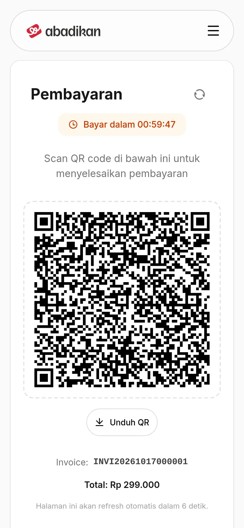 Halaman Pembayaran berisi hitung mundur, QR QRIS, tombol Unduh QR, nomor invoice, dan total bayar