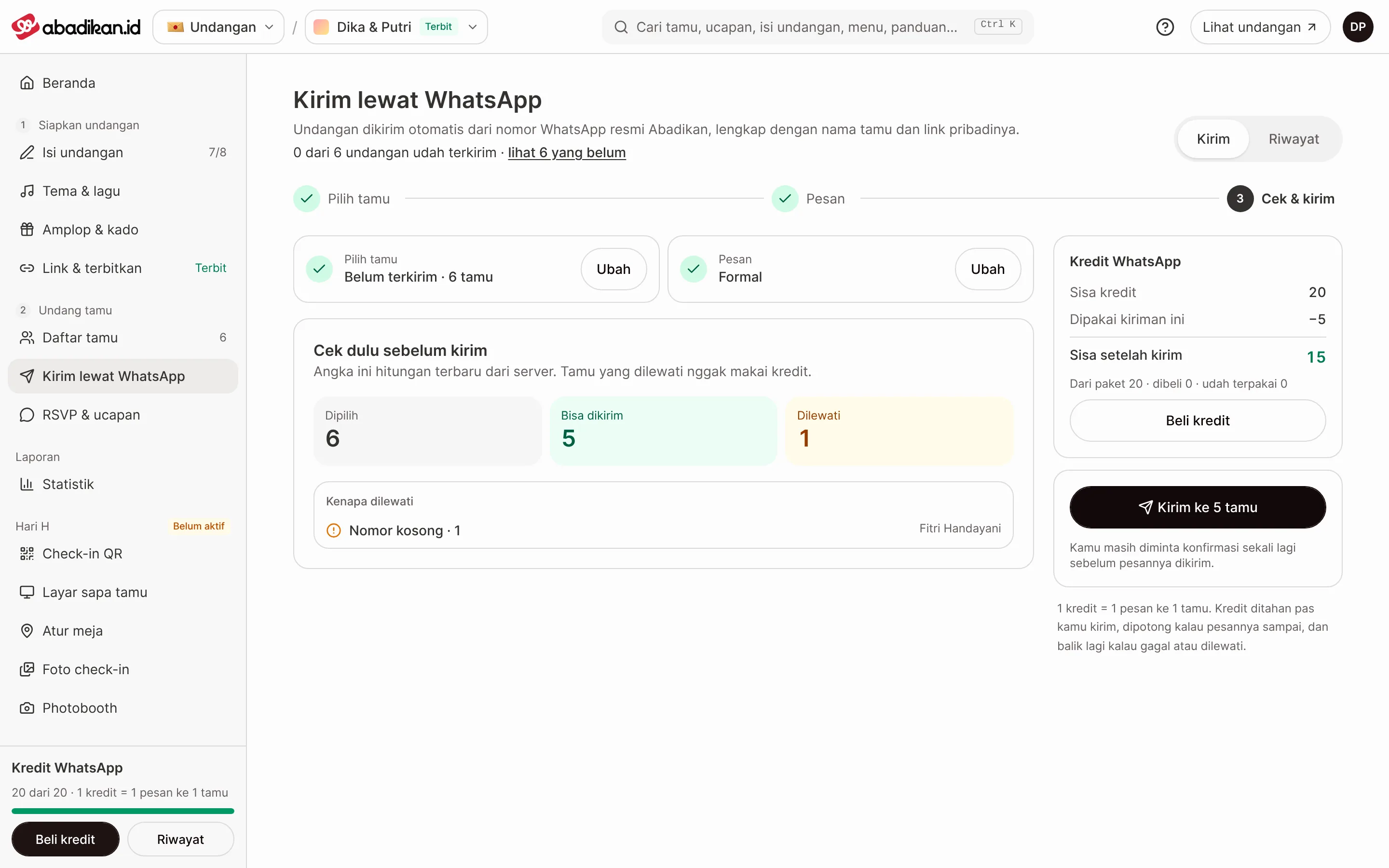 Langkah Cek &amp; kirim dengan ringkasan penerima dan panel Kredit WhatsApp