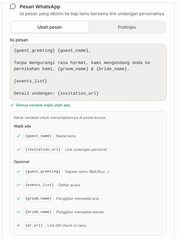 Editor Pesan WhatsApp dengan variabel guest_name dan invitation_url di kelompok Wajib ada