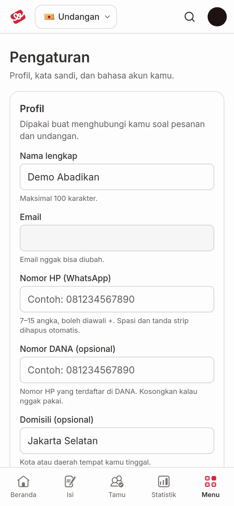 Settings page showing a Profile card with the Full name, Email, Phone number, DANA number, and City fields
