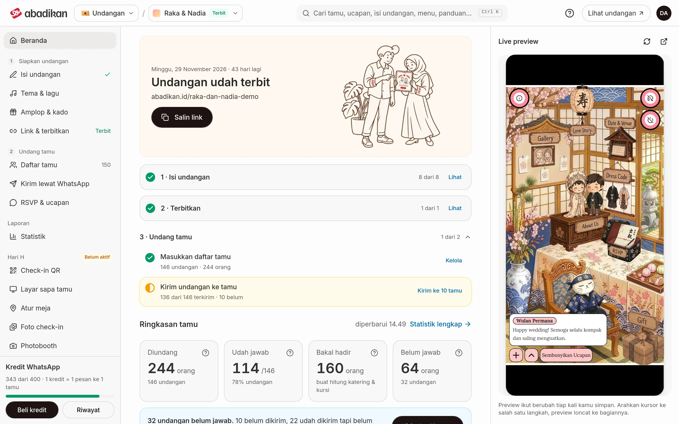 Home on a laptop after the invitation is published, with the Your invitation is live card, the checklist, the Guest summary, and a phone-frame live preview on the right