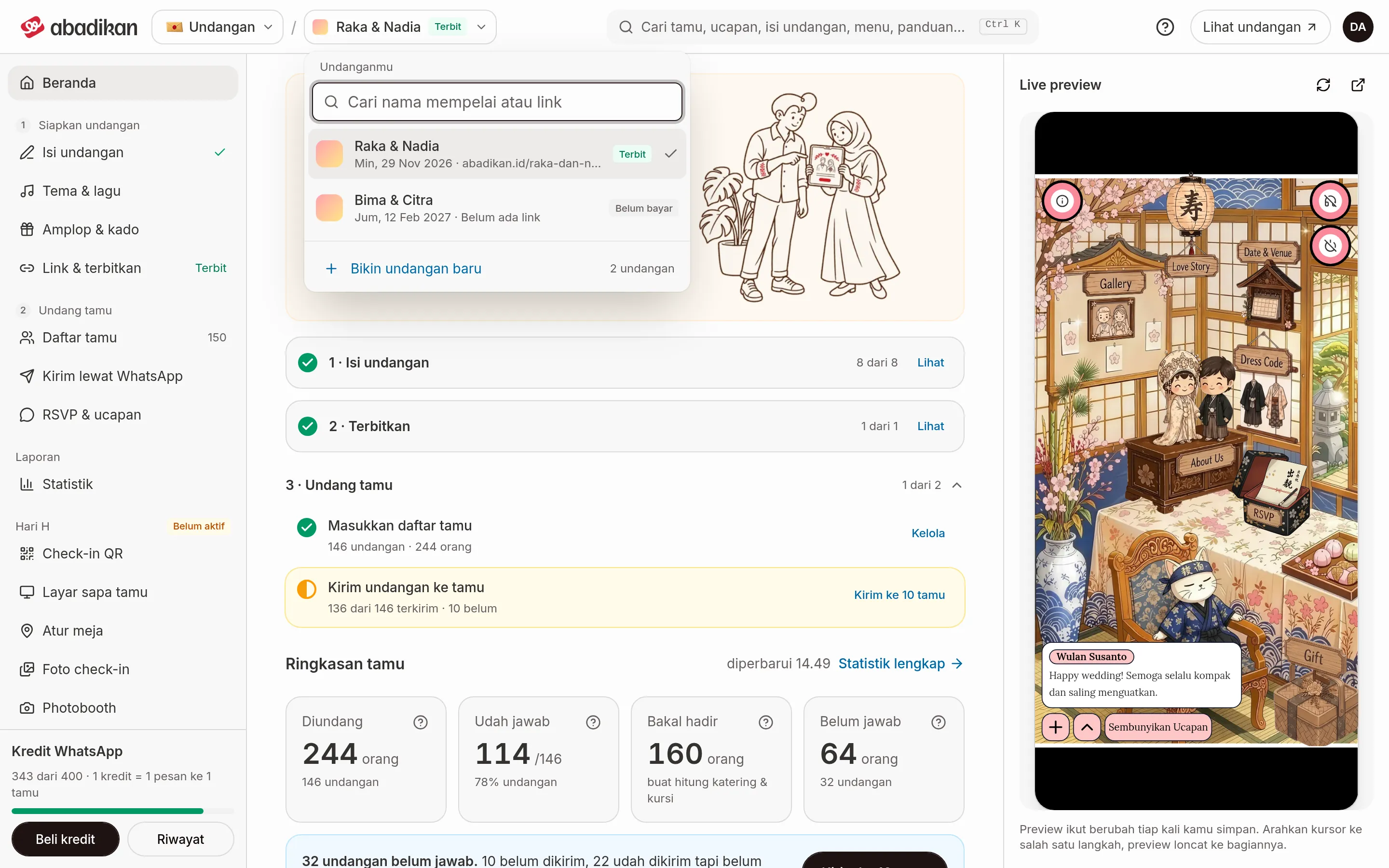 The Your invitations list open in the app bar with the Search couple name or link field, the Raka &amp; Nadia invitation marked Published and Bima &amp; Citra marked Unpaid, and the Create new invitation button