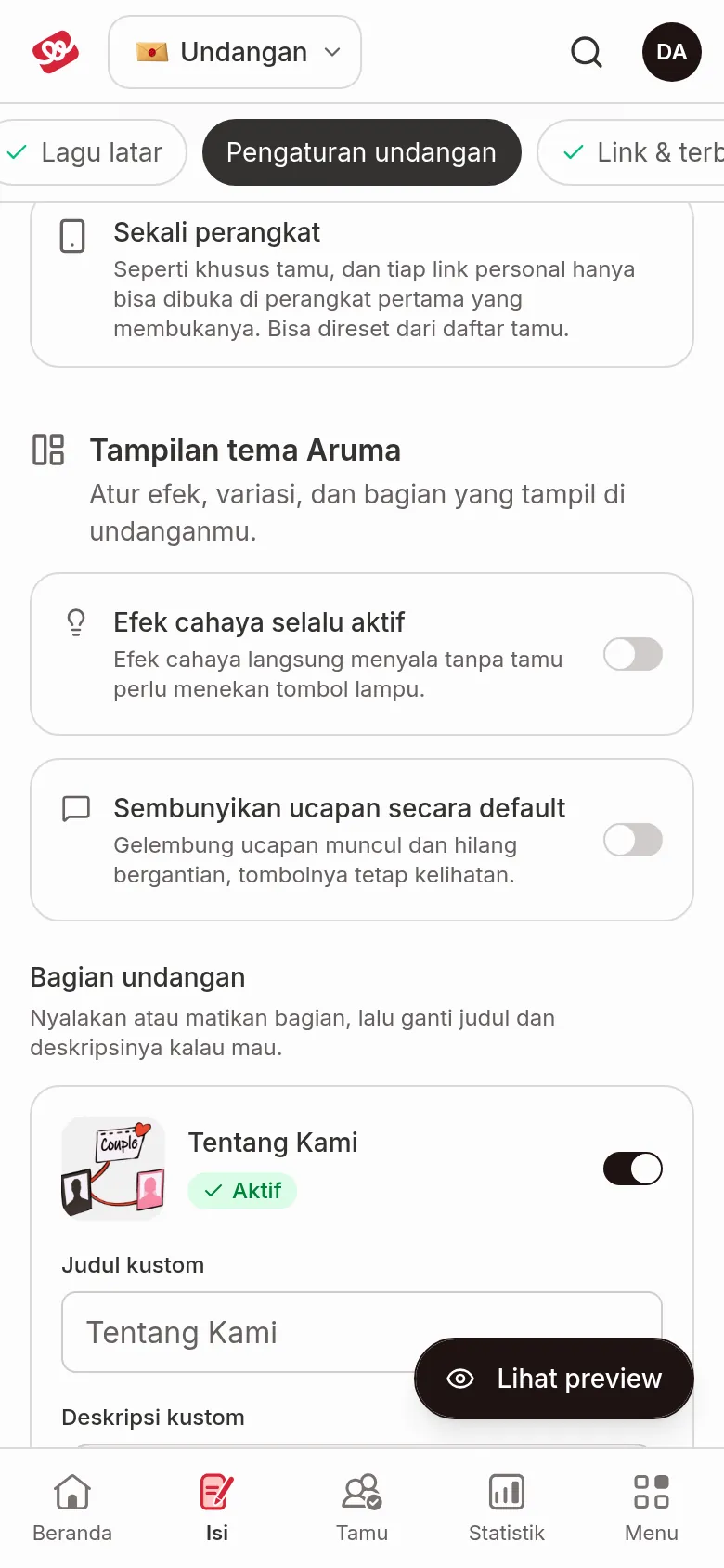 Aruma theme display with the Light effect always on and Hide wishes by default switches and a list of invitation sections with Active or Inactive status
