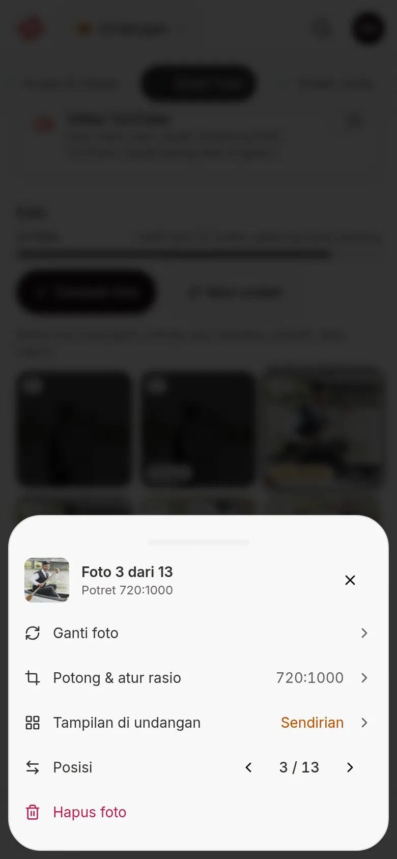 Photo menu on a phone with Change photo, Crop &amp; aspect ratio, Layout in the invitation, Position, and Remove photo