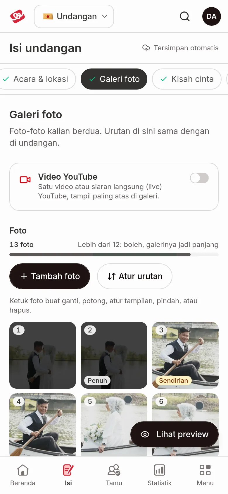 Photo gallery on a phone with the YouTube video card, a 13-photo meter bar, the Add photos and Reorder buttons, and a grid of numbered photos