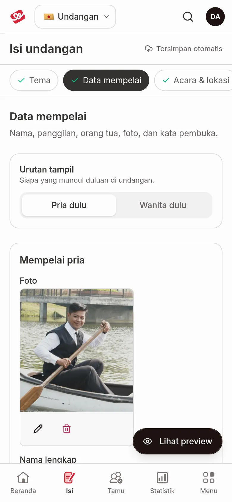 Invitation content editor on a phone with section chips above the Couple details form and the Show preview button at the bottom right
