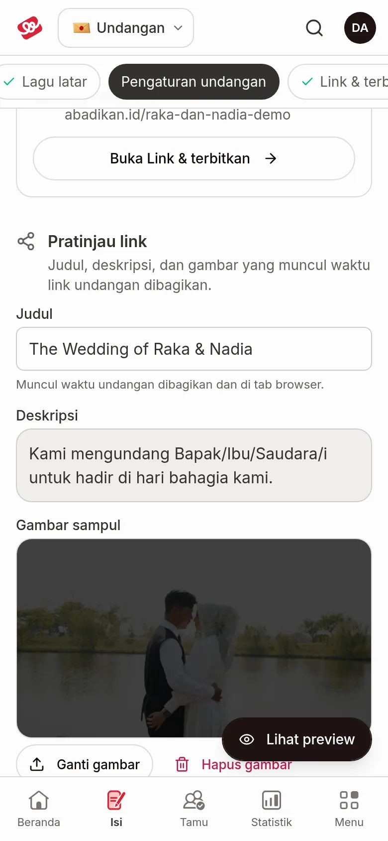 Link preview section with the Title, Description, and a 16:9 Cover image field