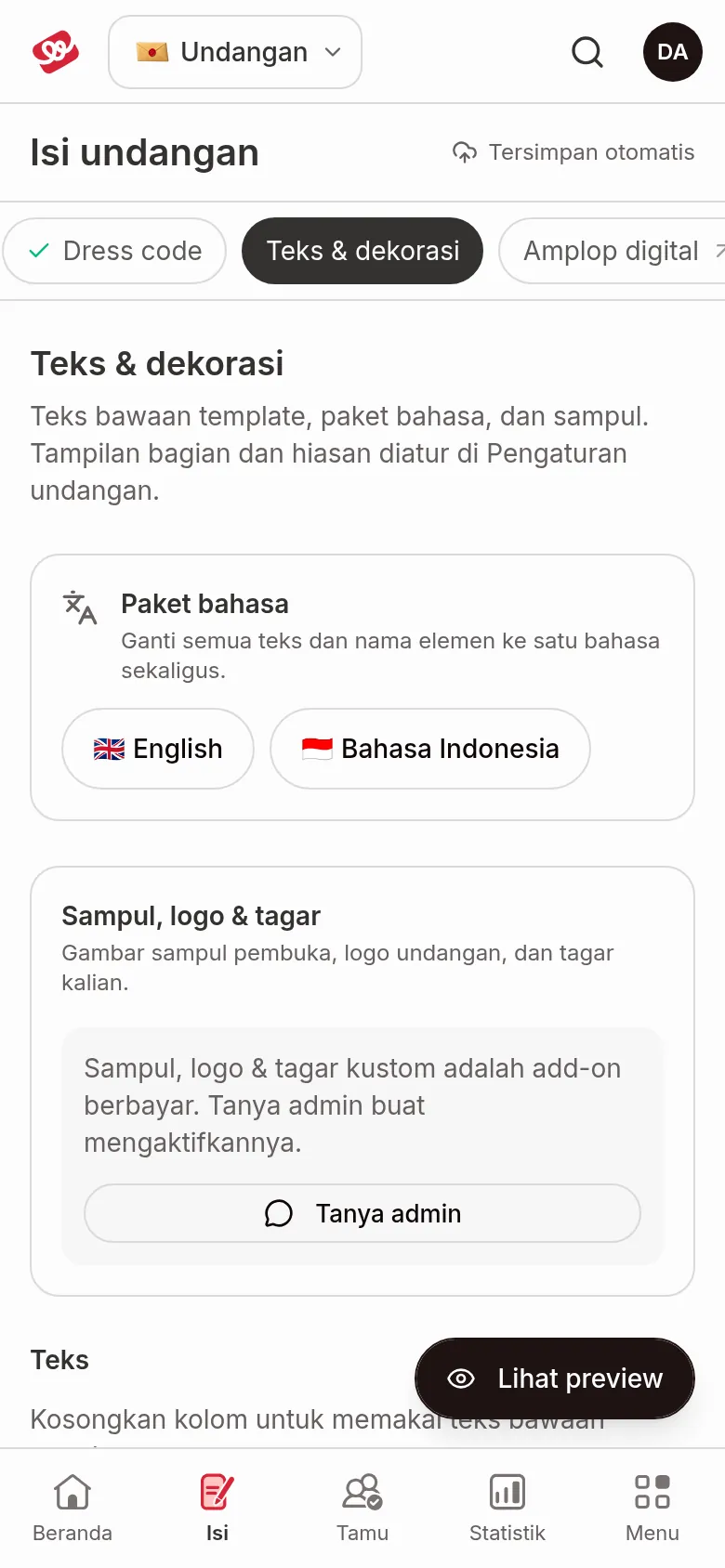 Texts &amp; decorations section with the Language pack card with English and Bahasa Indonesia buttons, the Cover logo &amp; hashtag card, and text groups that can be opened