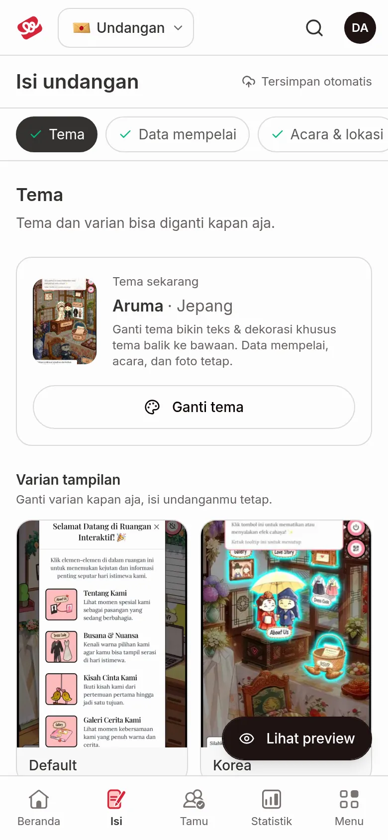 Theme section with the Current theme card (Aruma · Jepang) and the Change theme button, and the Looks grid with the variant cards