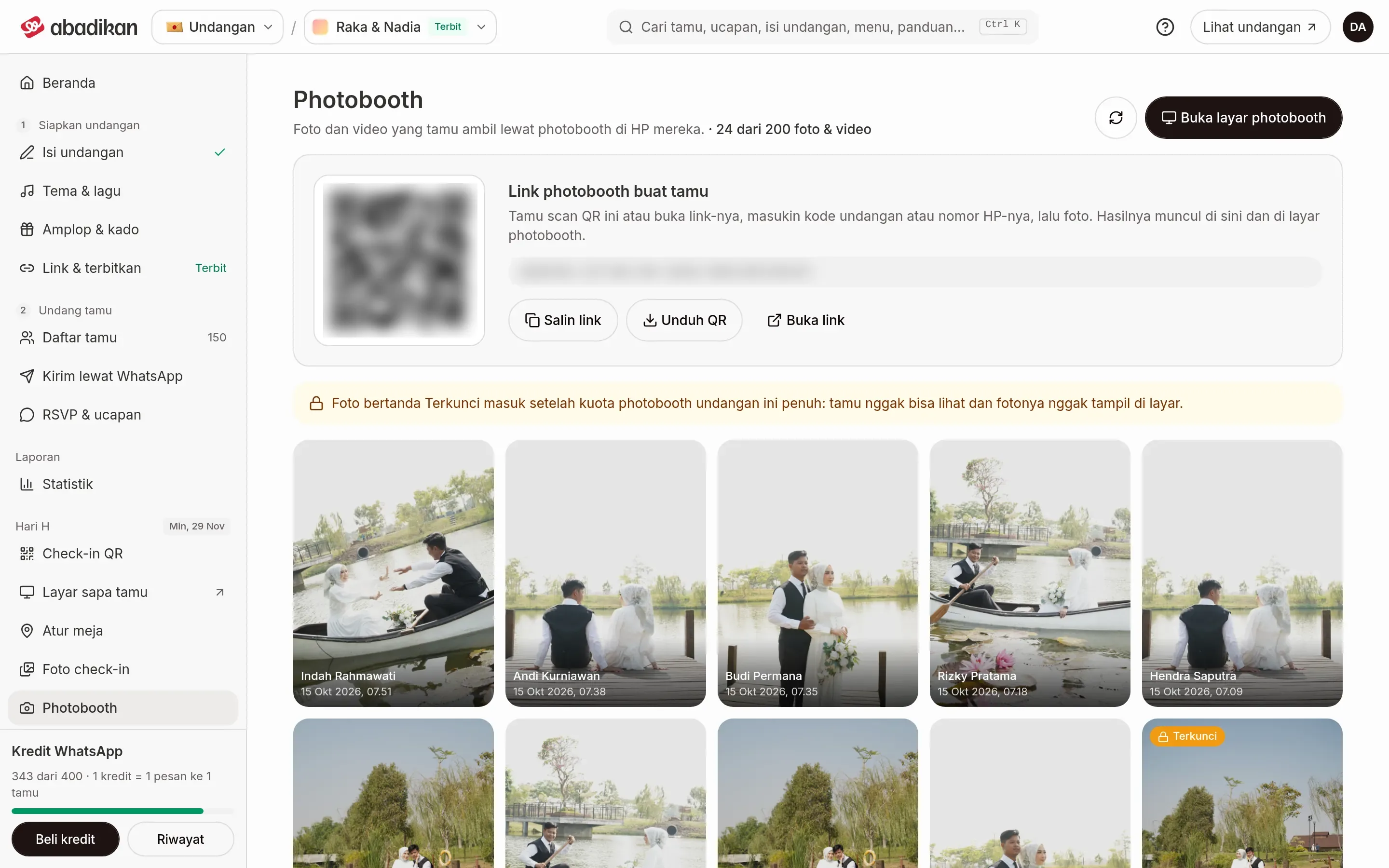 The Photobooth page: the Photobooth link for guests card with a QR, the link, and the Copy link, Download QR, and Open link buttons, above the guest photo gallery; the QR and link are intentionally blurred