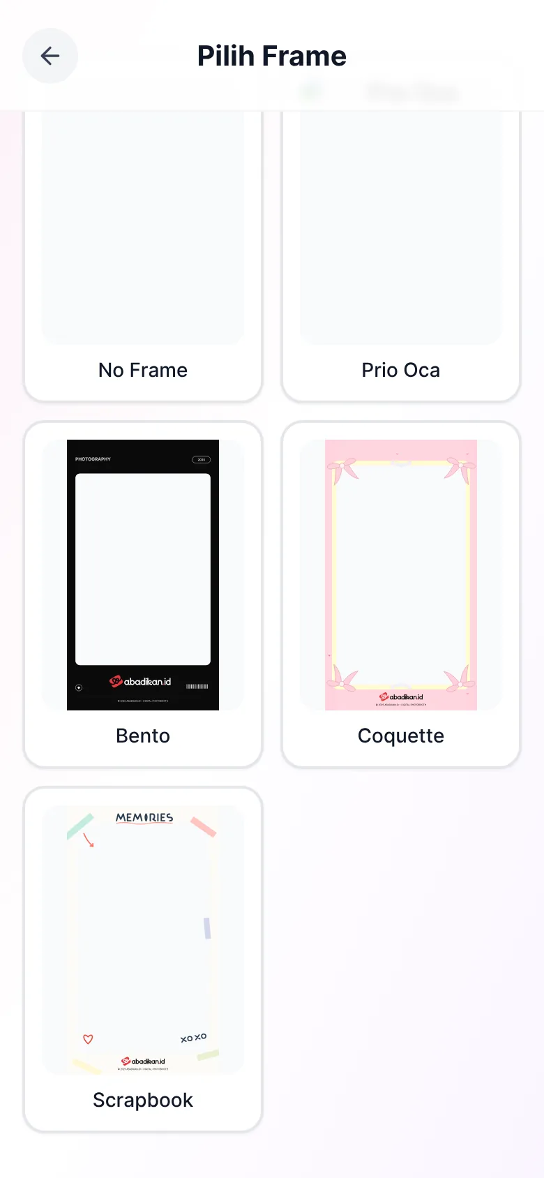 Choose Frame page with several photobooth frame options