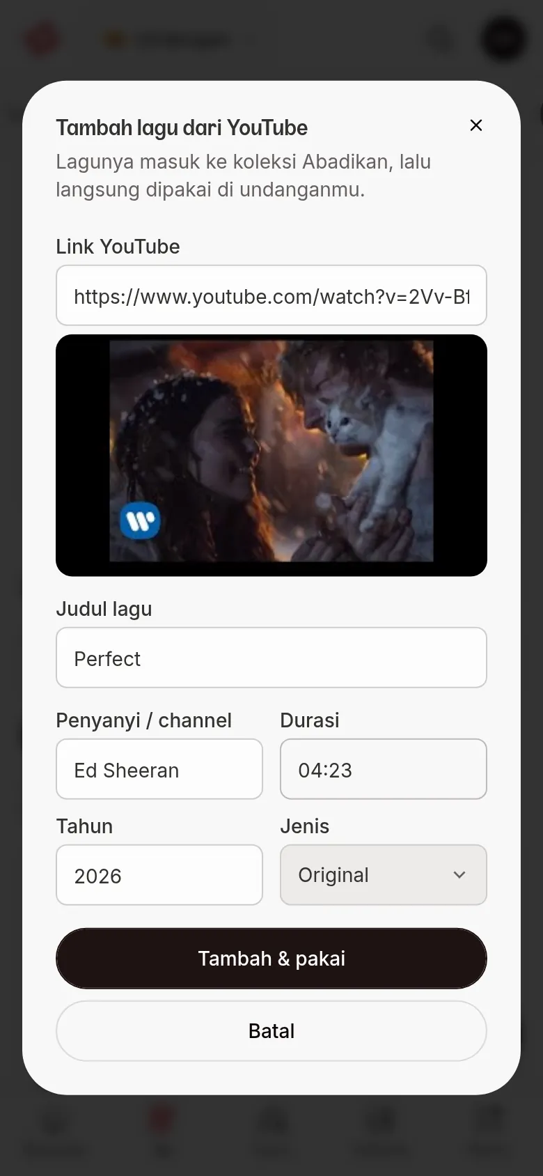Add a song from YouTube dialog with the YouTube link field and video thumbnail preview, Song title, Artist / channel, Length, Year, and Type