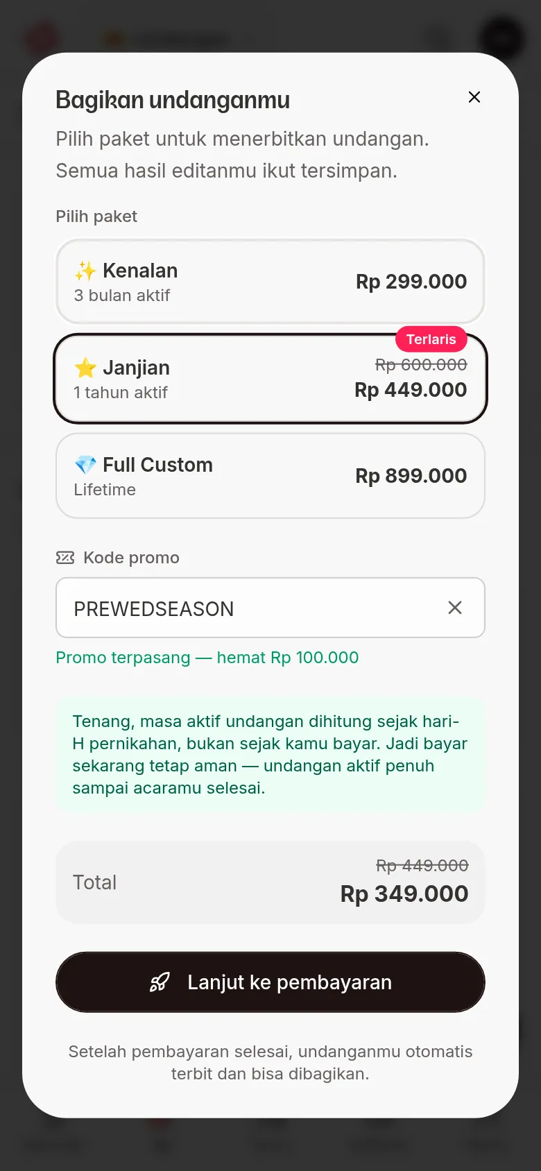 Share your invitation dialog with the Kenalan, Janjian, and Full Custom plans, the Promo code field, the Total, and the Continue to payment button