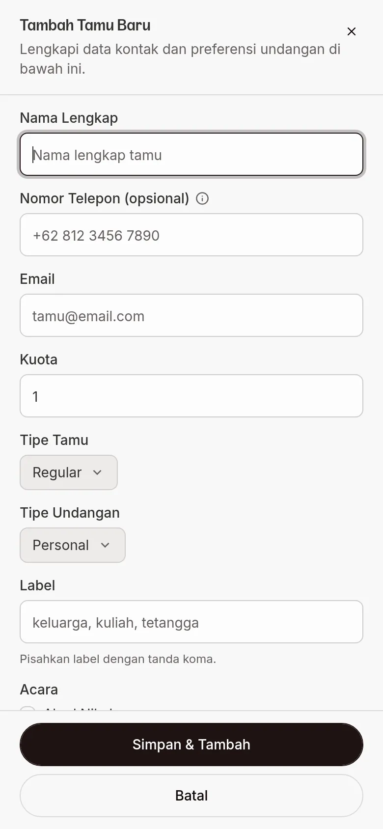Add New Guest dialog on a phone with the Full Name, Phone Number, Email, Quota, Guest Type, Invitation Type, and Labels fields (Events and the other fields are further down, not visible yet)