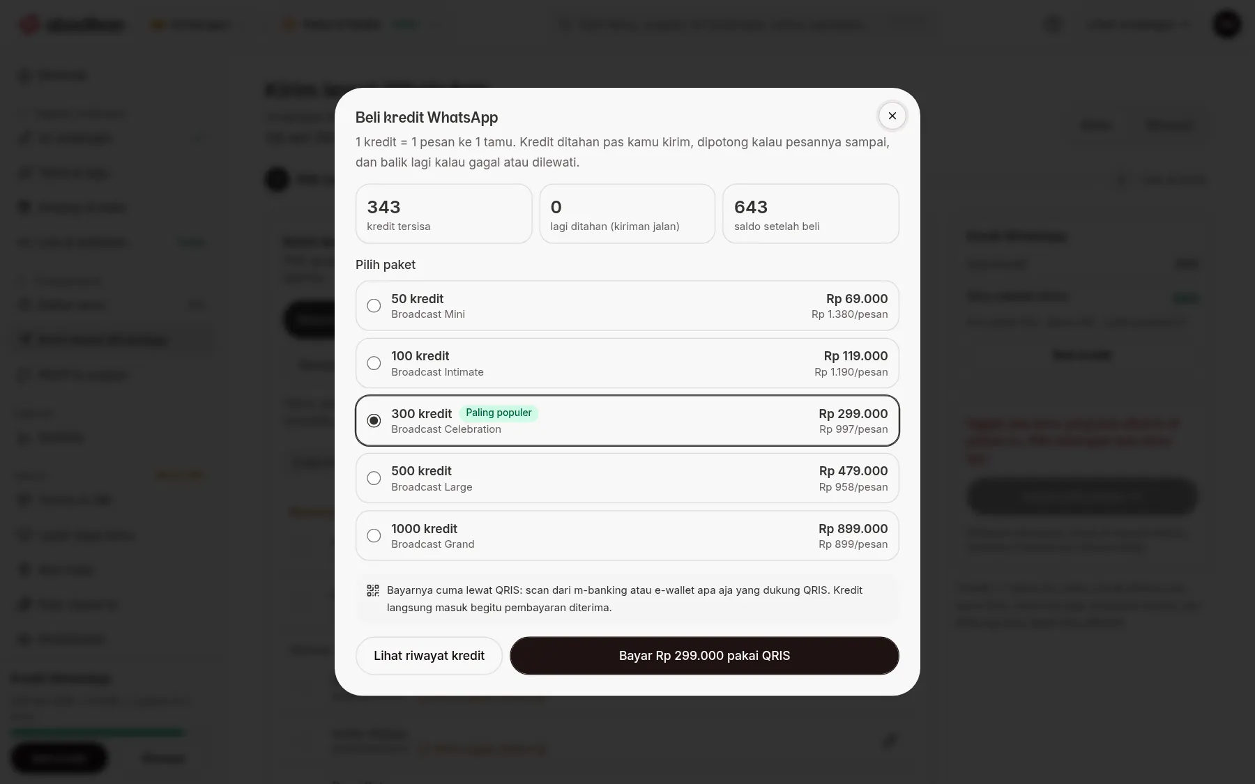 Buy WhatsApp credits dialog with the credit packages, their prices, the price per message, the Most popular tag, and the Pay with QRIS button