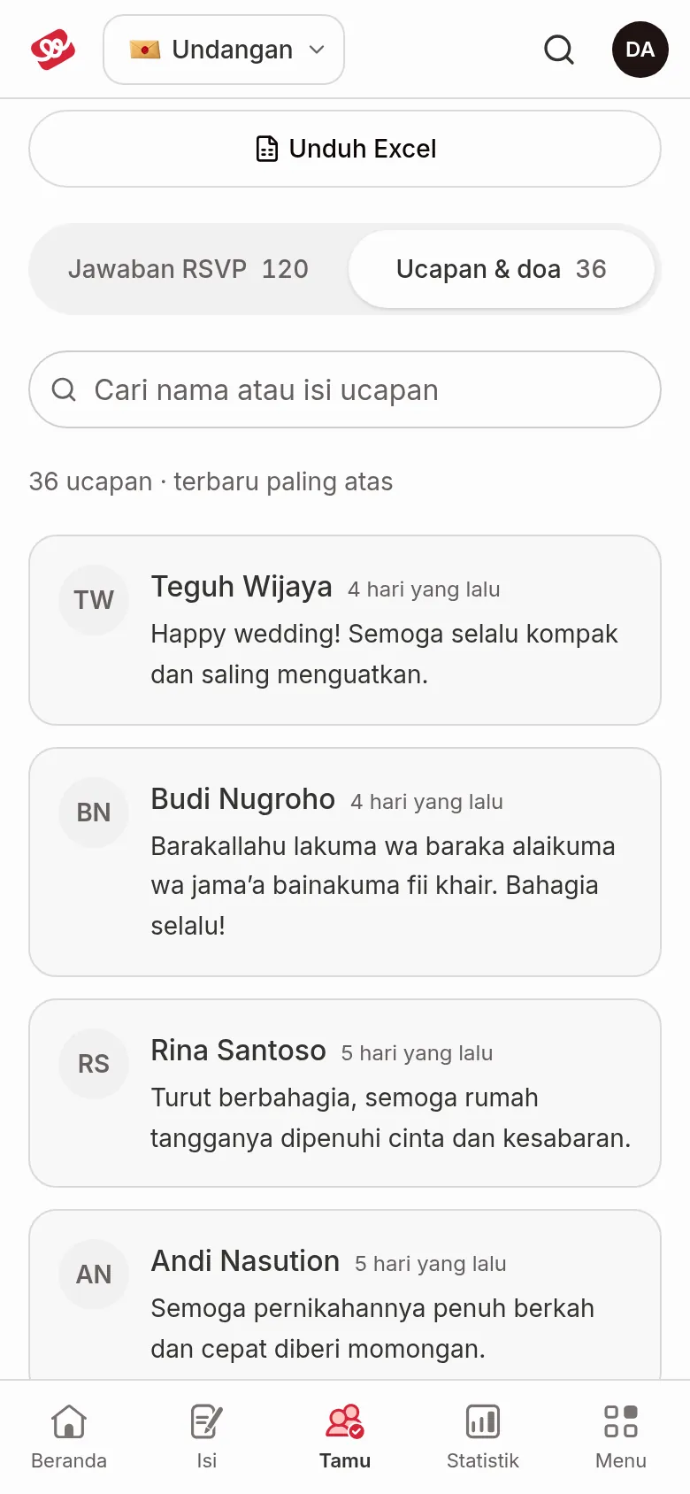 Wishes &amp; prayers tab with a list of wishes showing guest name, sent time, and the wish text