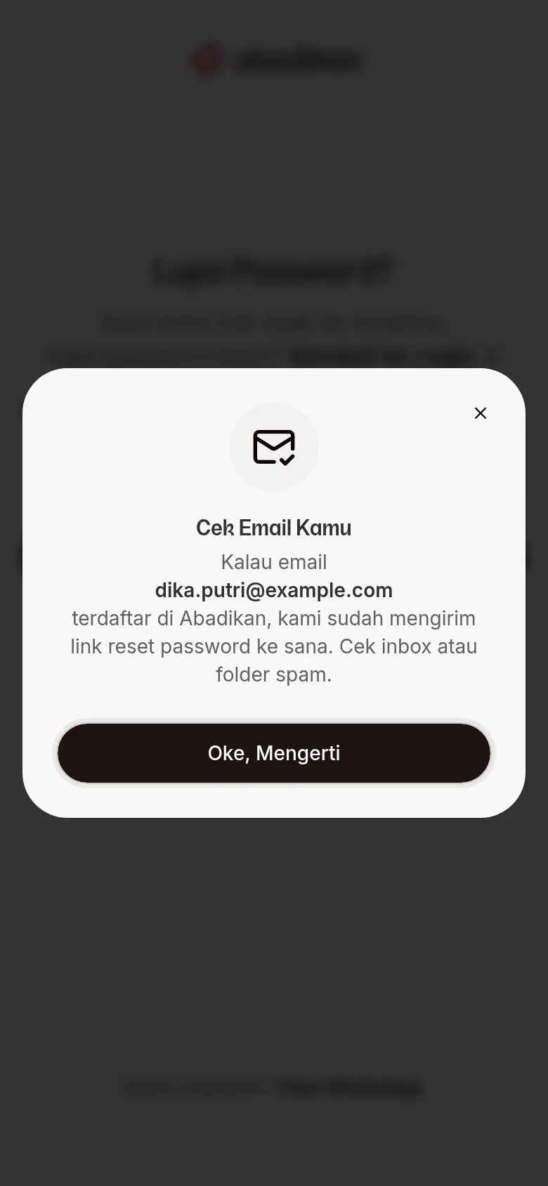 Dialog Semak E-mel Anda yang meminta pengguna menyemak peti masuk atau folder spam