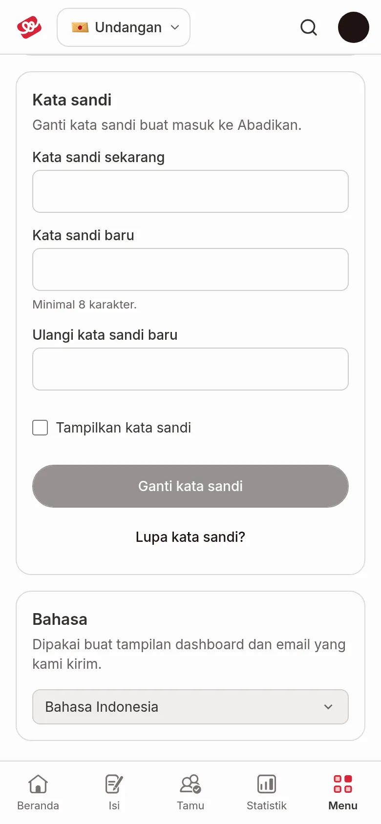 Kad Kata laluan dengan tiga medan kata laluan, kotak Tunjukkan kata laluan, butang Tukar kata laluan dan pautan Lupa kata laluan?