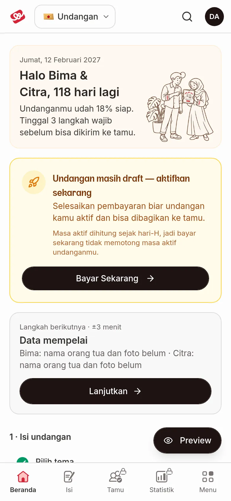 Laman utama di telefon dengan kad sambutan, pemberitahuan draf dengan butang Bayar Sekarang, kad Langkah seterusnya, dan butang Pratonton