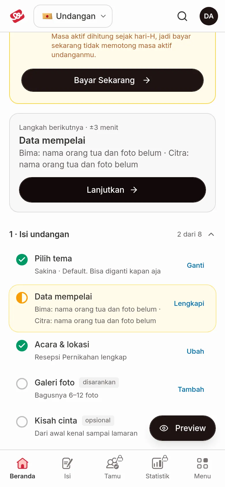 Kad Langkah seterusnya di telefon dengan nama langkah, anggaran masa, dan butang Teruskan