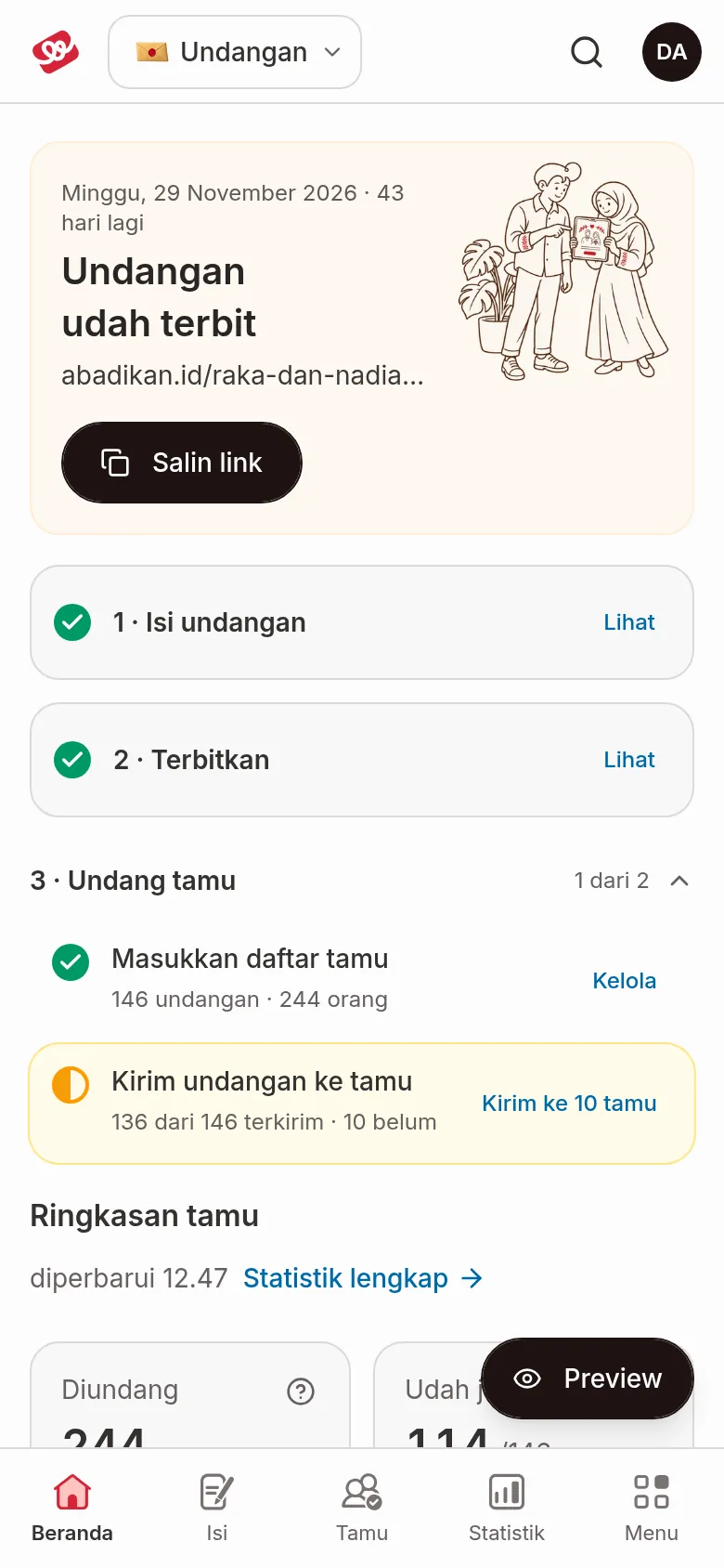 Kad sambutan Laman utama di telefon selepas jemputan diterbitkan: tulisan Jemputan sudah diterbitkan, pautan jemputan, dan butang Salin pautan