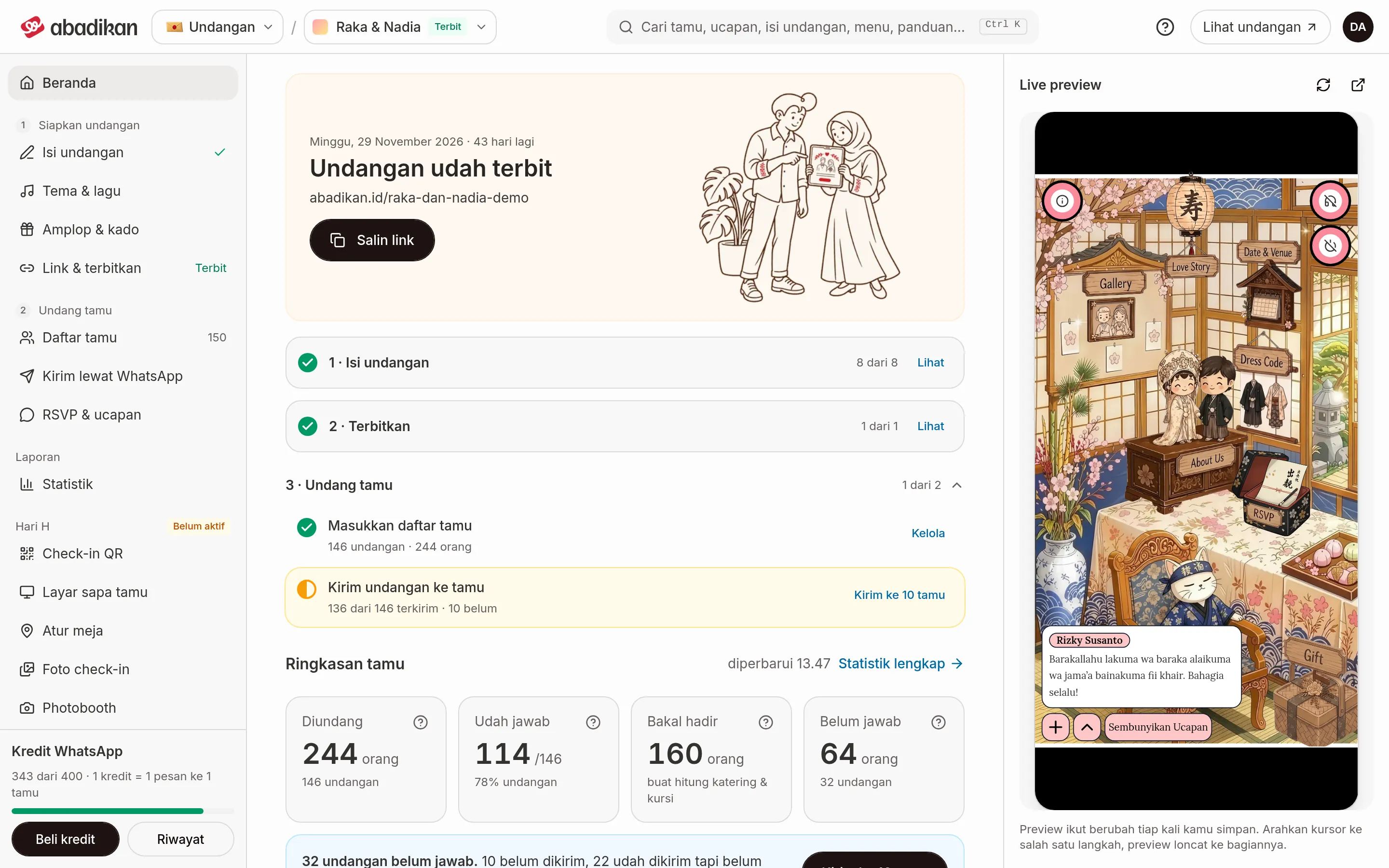 Dashboard Abadikan pada komputer riba dengan app bar di atas dan bar sisi berisi Laman utama, Sediakan jemputan, Jemput tetamu, Laporan dan Hari H