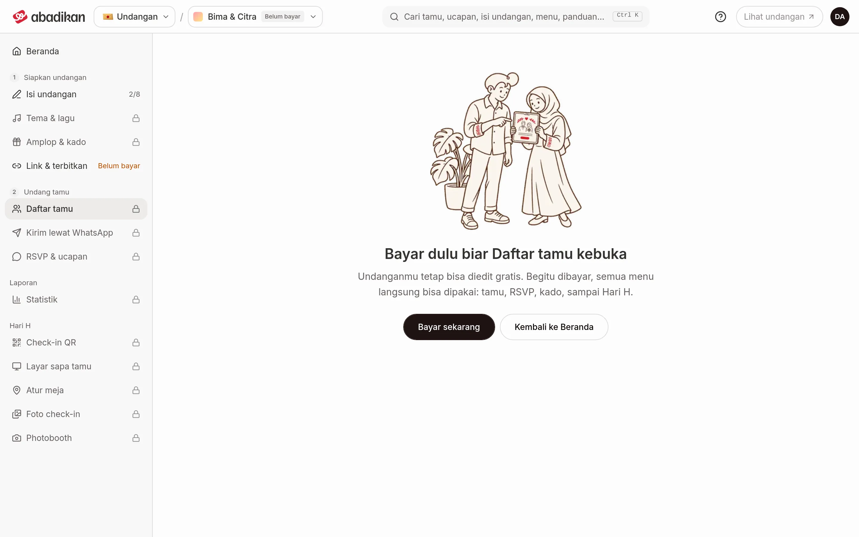 Halaman "Bayar dahulu untuk membuka …" dengan butang Bayar sekarang dan Kembali ke Laman utama, manakala bar sisi menunjukkan mangga pada menu tetamu