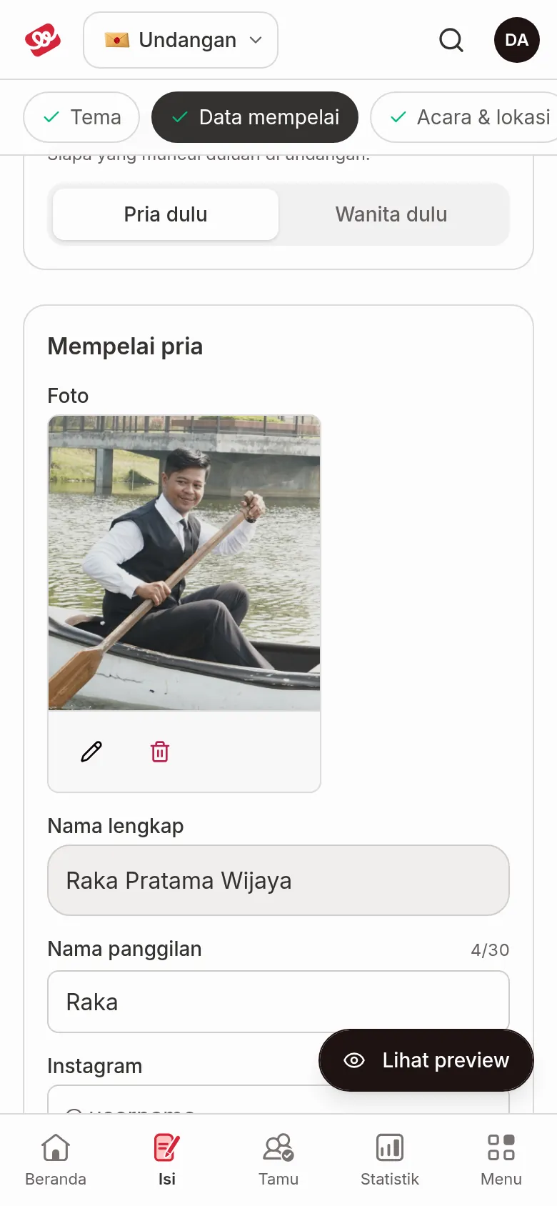 Kad Pengantin lelaki dengan medan Foto, Nama penuh, Nama panggilan, Instagram dan Ibu bapa &amp; keterangan