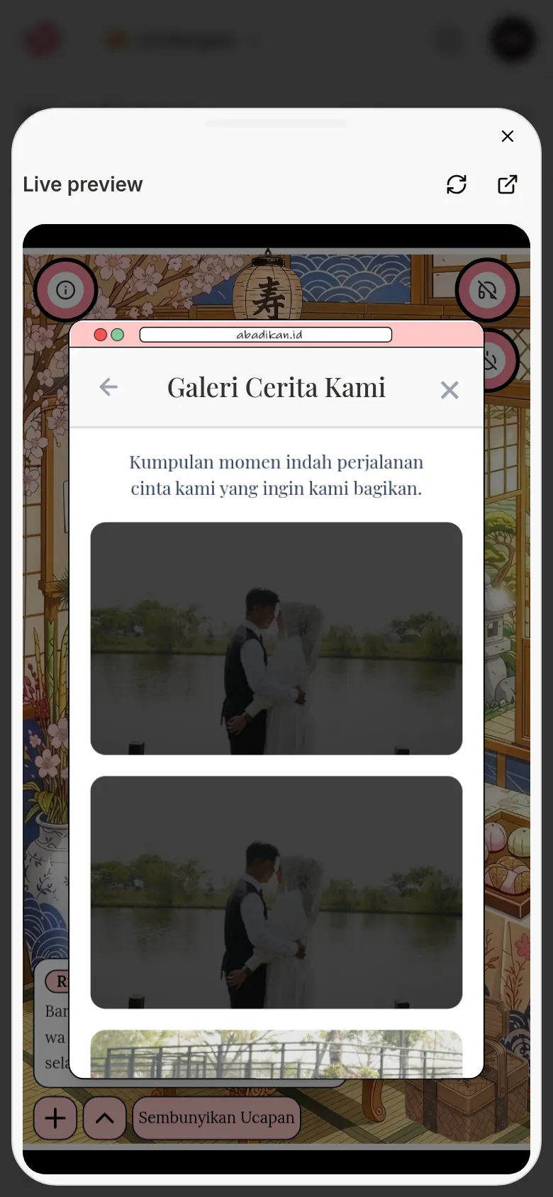 Pratonton langsung terbuka sebagai sheet dari bawah di telefon, memaparkan jemputan Aruma dalam bingkai telefon yang sudah melompat ke galeri foto, dengan butang muat semula dan buka di tab baharu
