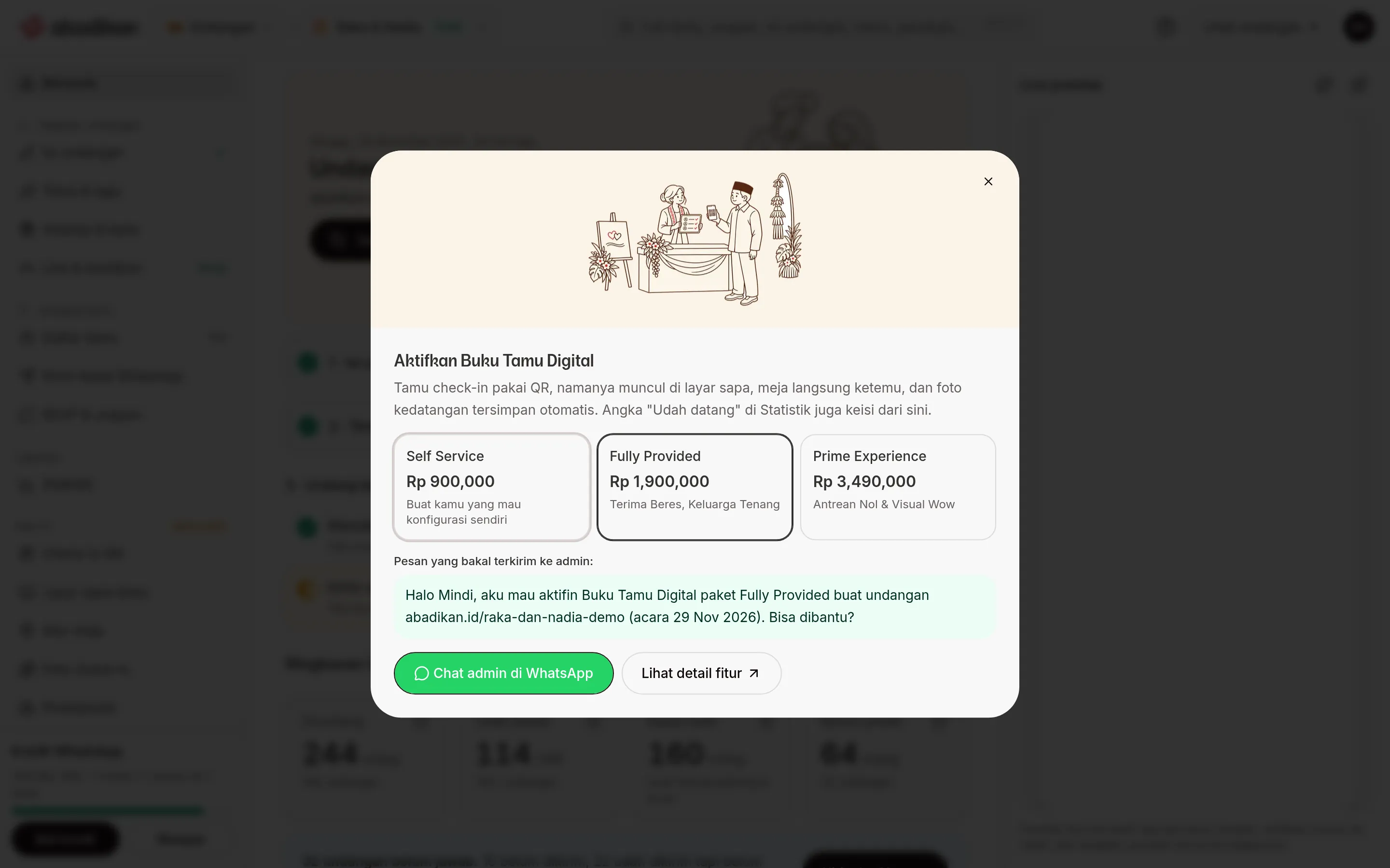 Tetingkap berisi tiga pakej, kotak mesej untuk admin, dan butang Chat admin di WhatsApp