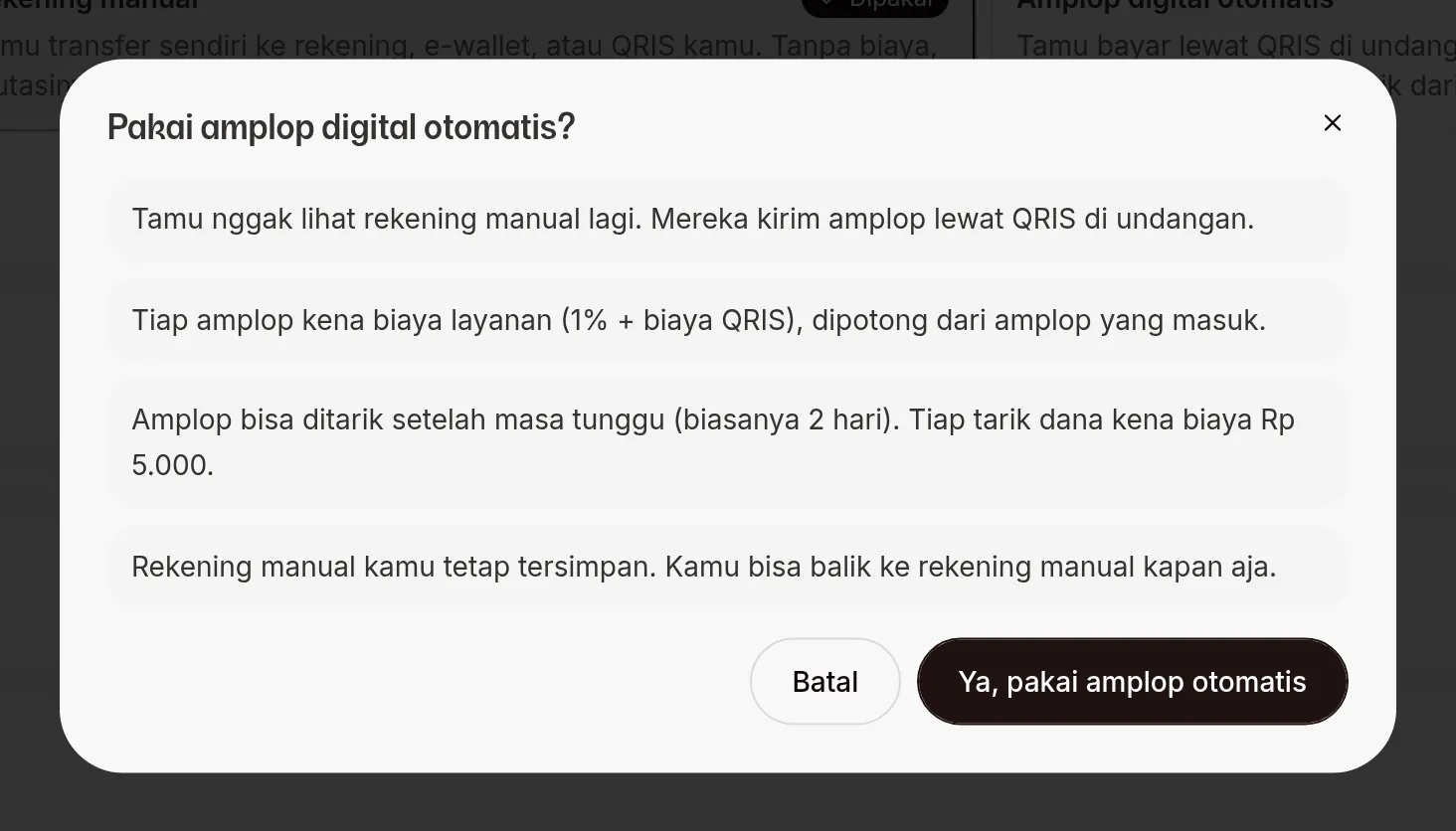 Dialog pengesahan sampul digital automatik yang mengandungi empat perkara tentang caj dan tempoh menunggu