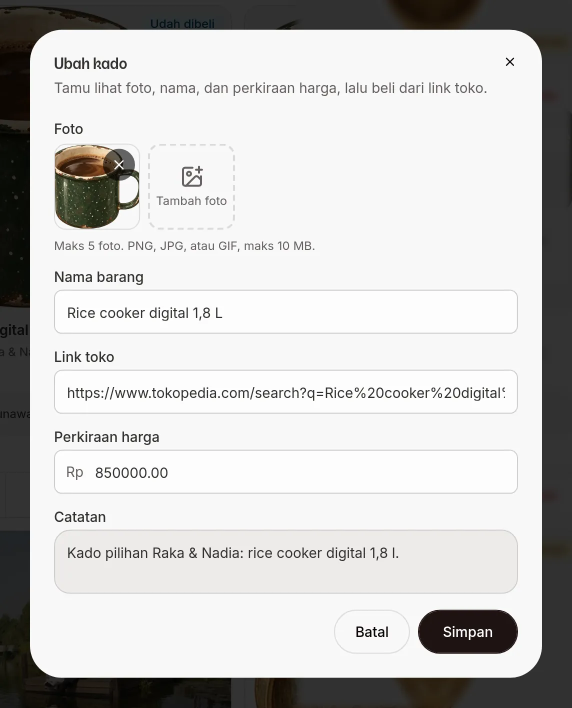 Dialog Tambah hadiah yang mengandungi Foto, Nama barang, Pautan kedai, Anggaran harga dan Nota