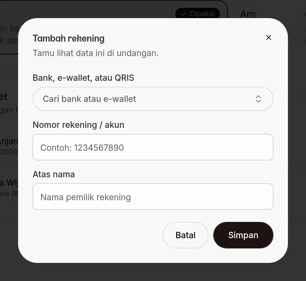Dialog Tambah akaun yang mengandungi Bank, e-dompet atau QRIS, Nombor akaun dan Nama pemegang akaun