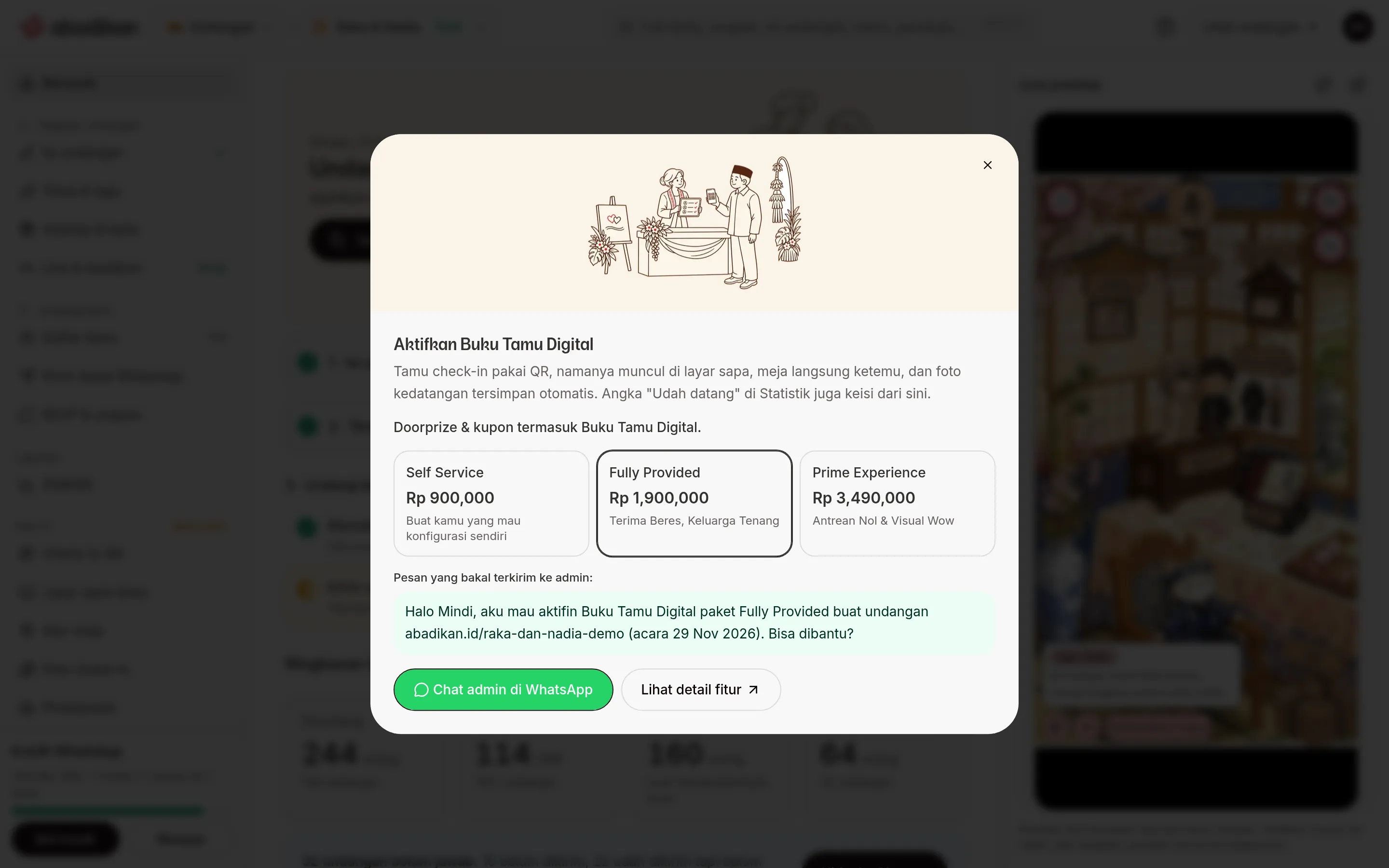 Tetingkap Aktifkan Buku Tetamu Digital dengan tiga pilihan pakej dan butang sembang dengan admin di WhatsApp