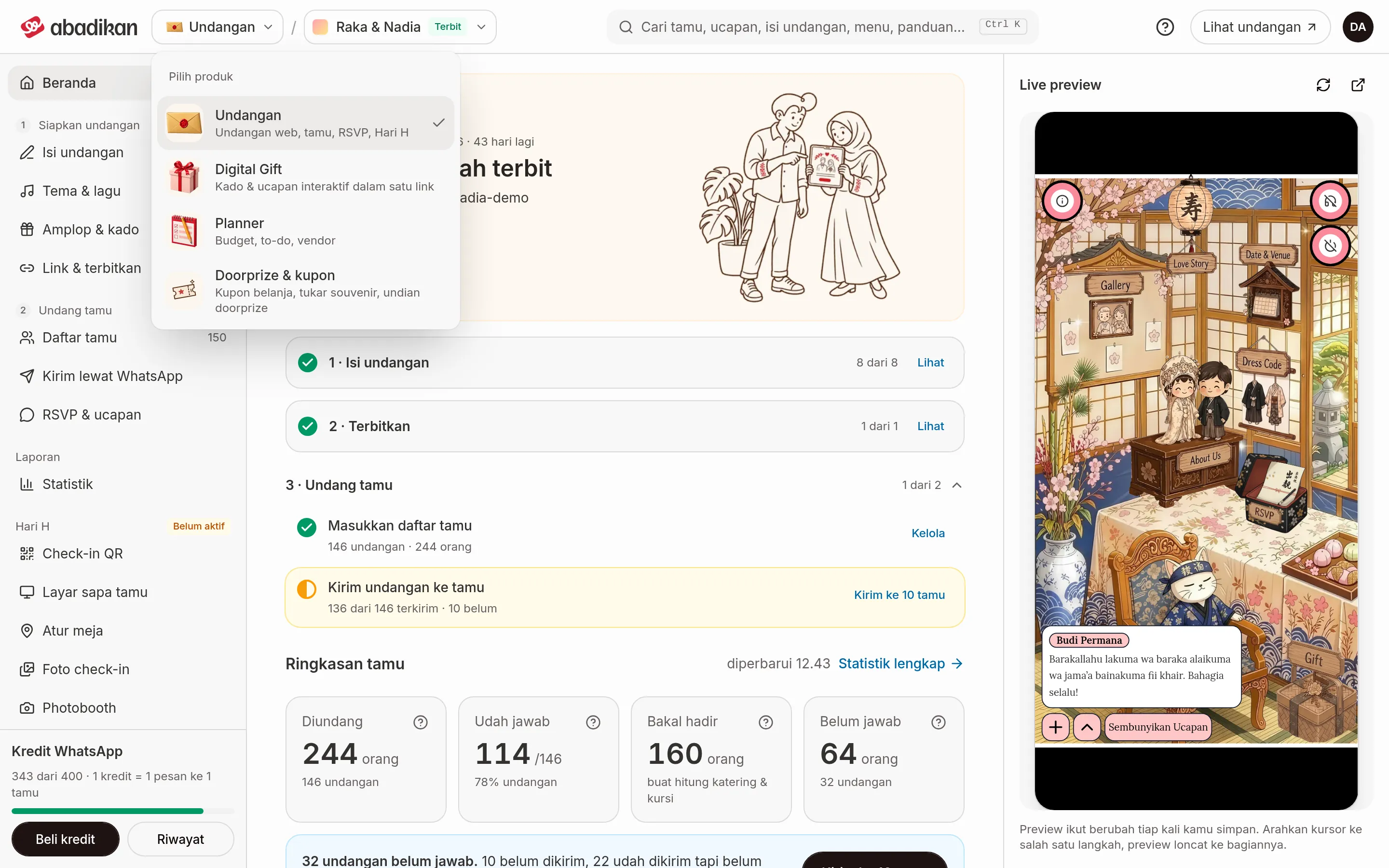 Pilihan produk dibuka pada app bar, memaparkan Jemputan, Digital Gift, Planner, dan Cabutan bertuah & kupon
