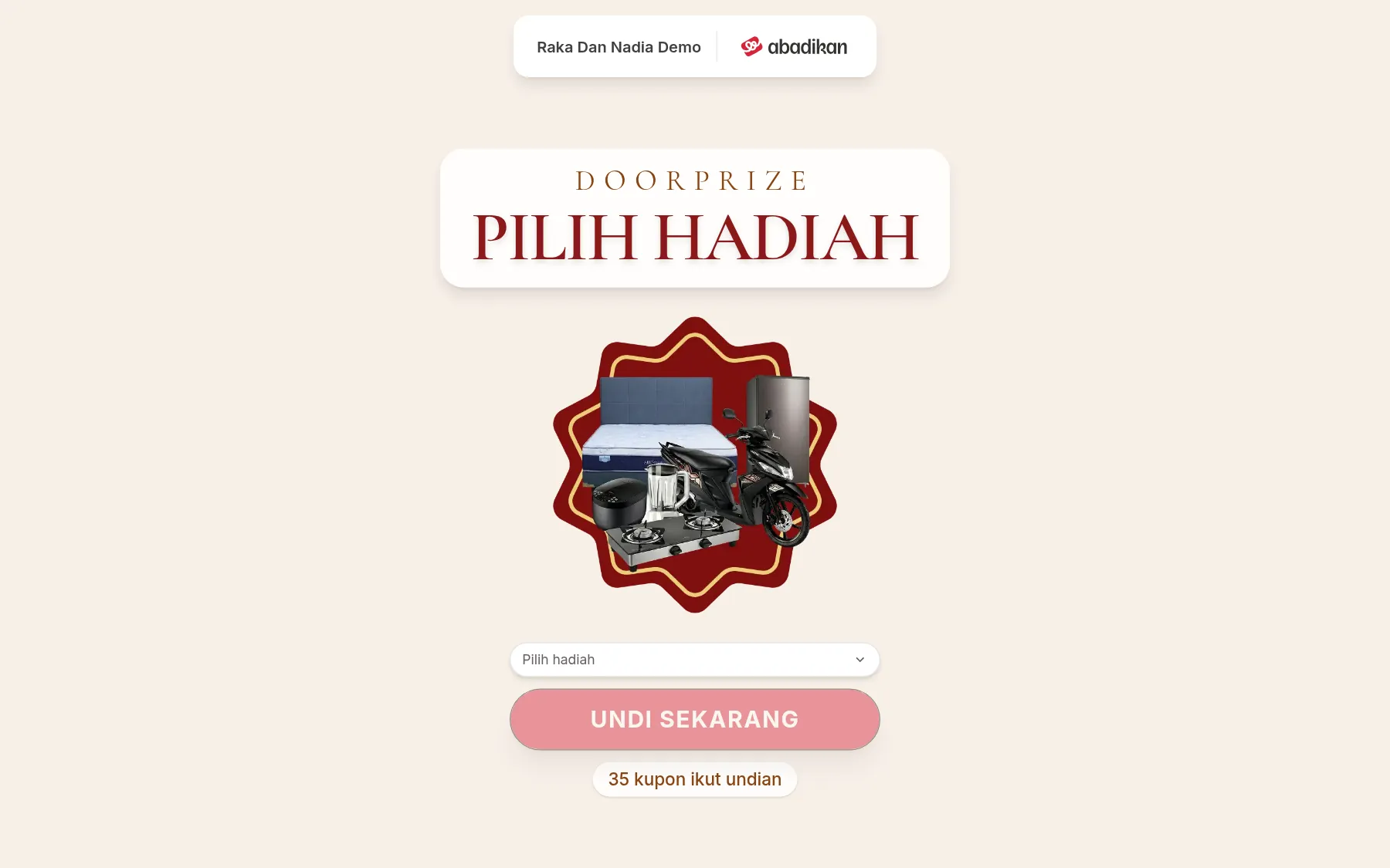 Skrin Cabutan langsung dengan pilihan hadiah, butang Cabut sekarang, dan bilangan kupon yang menyertai cabutan